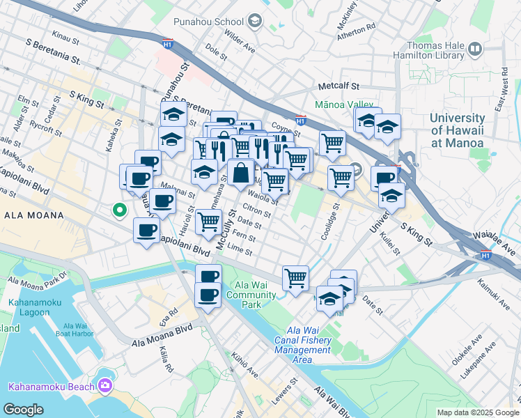 map of restaurants, bars, coffee shops, grocery stores, and more near 836 Wiliwili Street in Honolulu