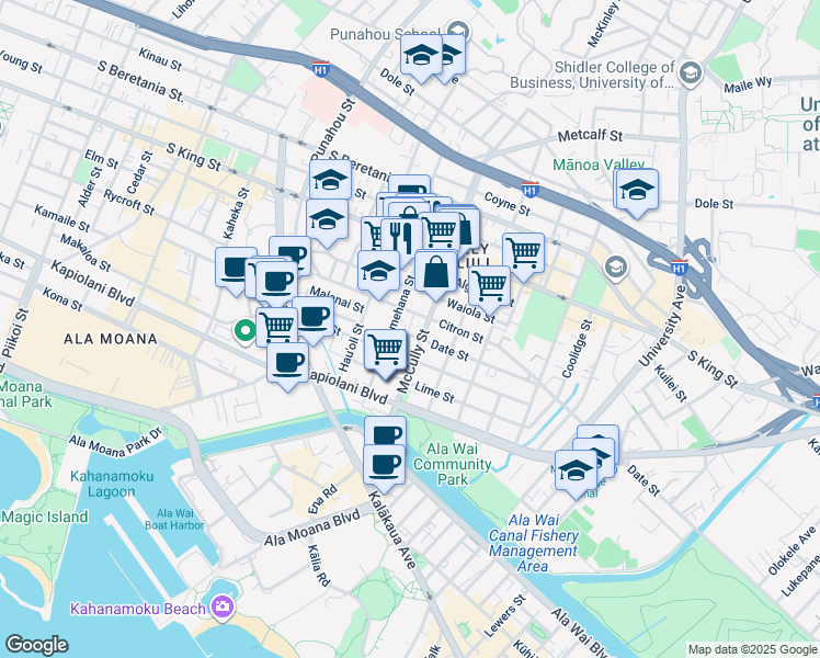 map of restaurants, bars, coffee shops, grocery stores, and more near 1919 Citron Street in Honolulu