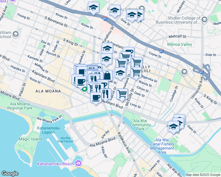 map of restaurants, bars, coffee shops, grocery stores, and more near 1743 Nanea Street in Honolulu