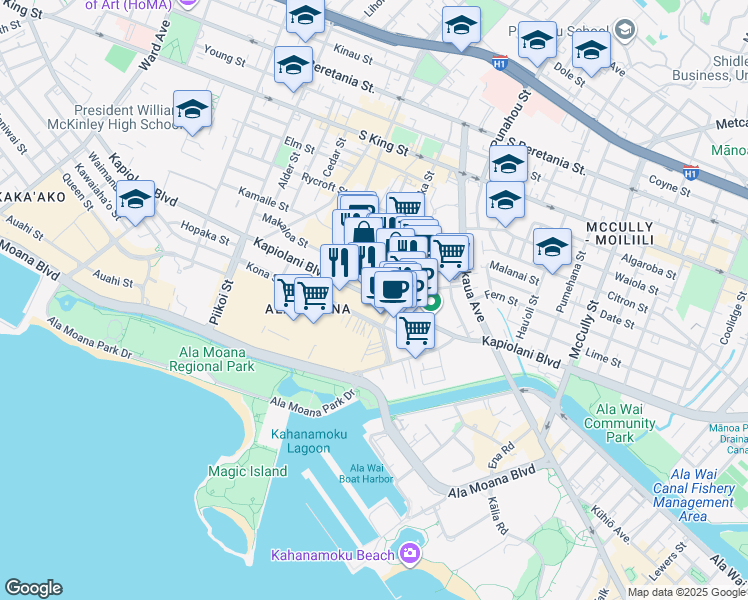 map of restaurants, bars, coffee shops, grocery stores, and more near 1560 Kapiolani Boulevard in Honolulu