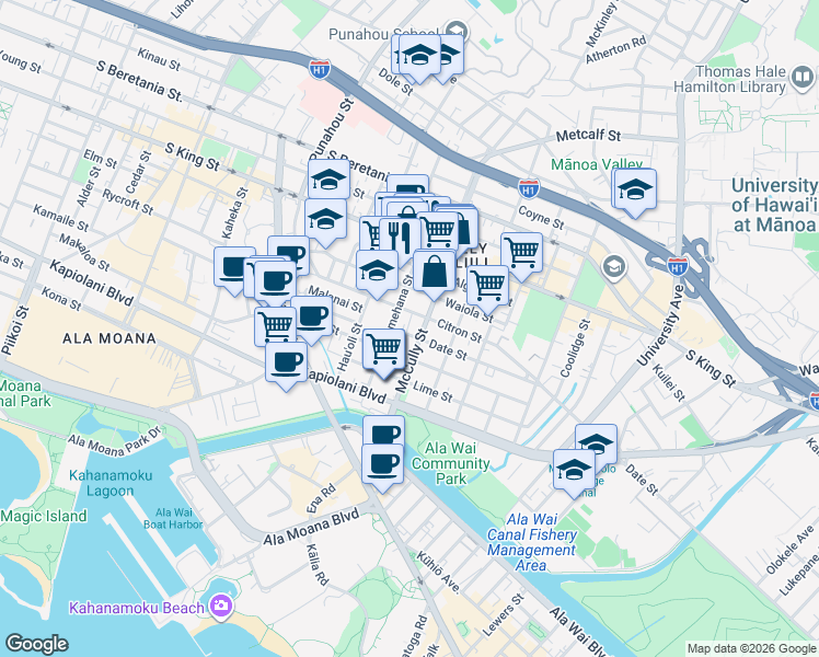 map of restaurants, bars, coffee shops, grocery stores, and more near 1919 Citron Street in Honolulu