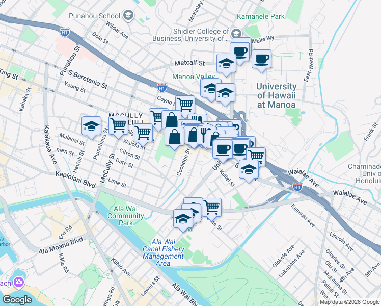 map of restaurants, bars, coffee shops, grocery stores, and more near 2471 South King Street in Honolulu
