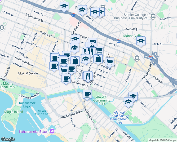 map of restaurants, bars, coffee shops, grocery stores, and more near 1105 Date Street in Honolulu