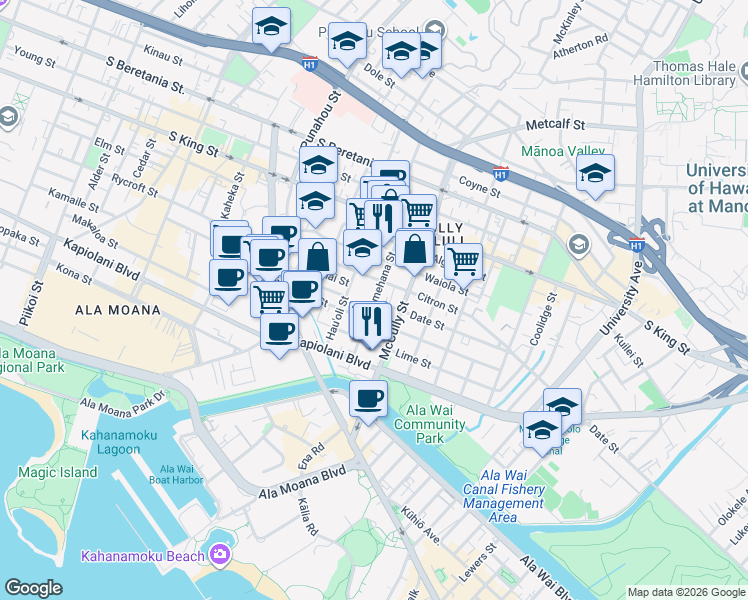 map of restaurants, bars, coffee shops, grocery stores, and more near 1502 Date Street in Honolulu