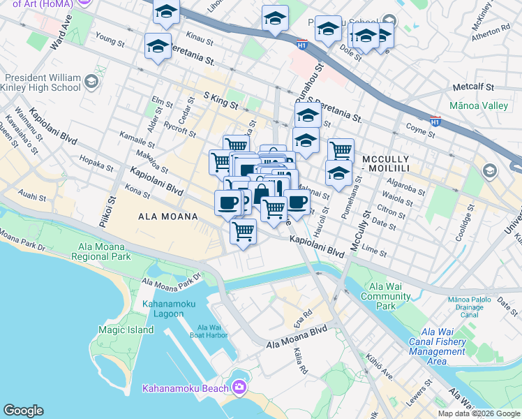 map of restaurants, bars, coffee shops, grocery stores, and more near 1670 Kalauokalani Way in Honolulu