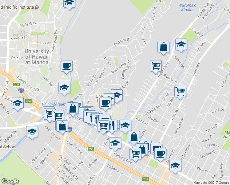 map of restaurants, bars, coffee shops, grocery stores, and more near 1449 Kaminaka Drive in Honolulu