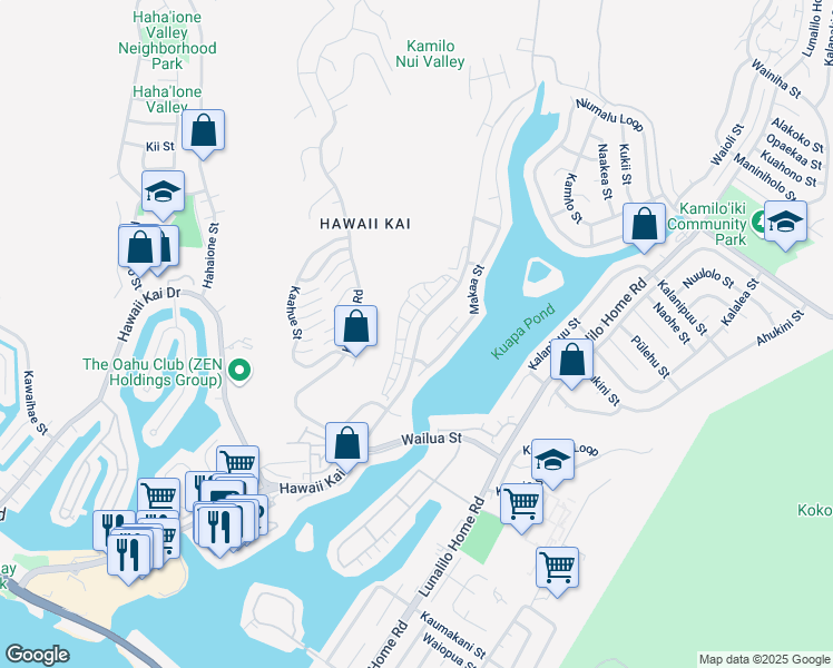 map of restaurants, bars, coffee shops, grocery stores, and more near 7151 Hawaii Kai Drive in Honolulu