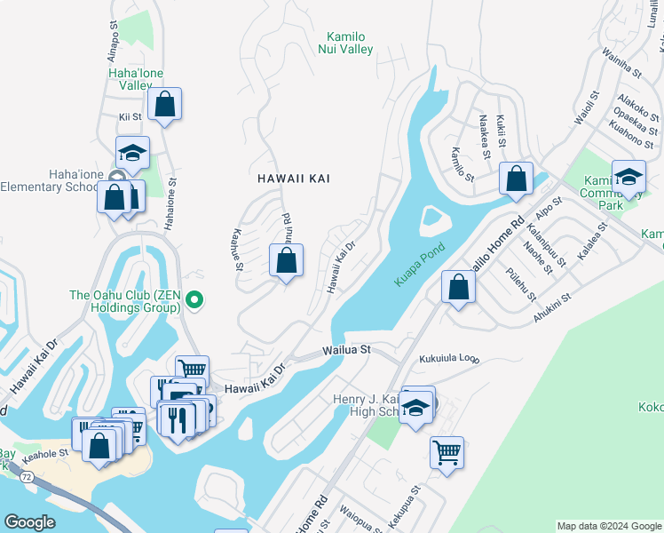 map of restaurants, bars, coffee shops, grocery stores, and more near 7151 Hawaii Kai Drive in Honolulu