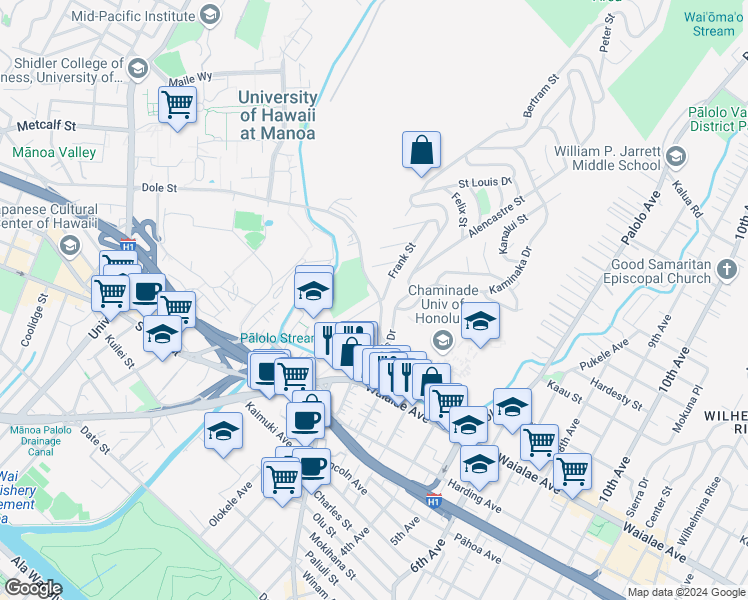 map of restaurants, bars, coffee shops, grocery stores, and more near in Honolulu