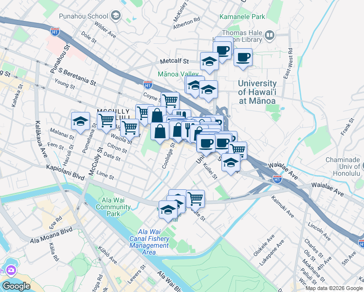 map of restaurants, bars, coffee shops, grocery stores, and more near 2471 South King Street in Honolulu