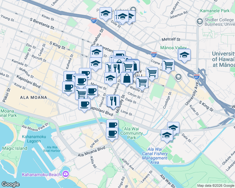 map of restaurants, bars, coffee shops, grocery stores, and more near 1929 Citron Street in Honolulu
