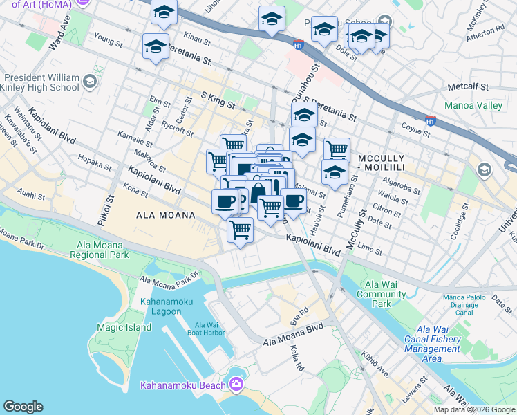 map of restaurants, bars, coffee shops, grocery stores, and more near 1670 Kalauokalani Way in Honolulu