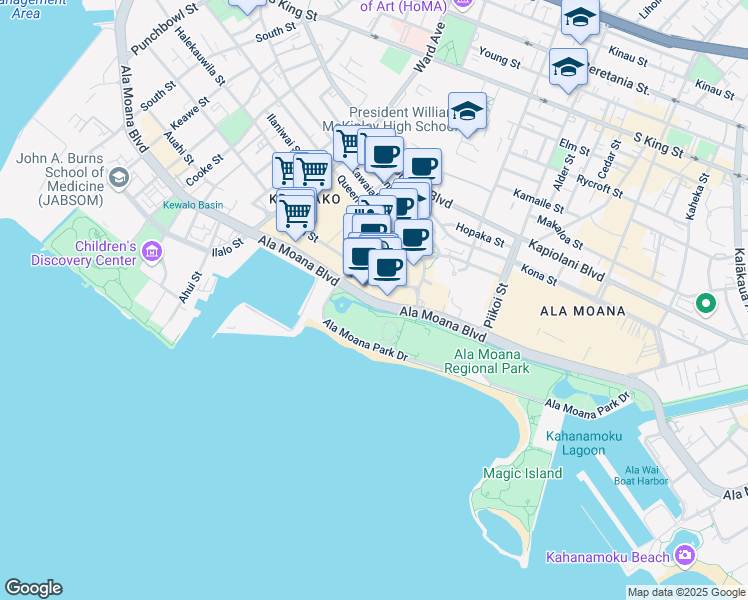 map of restaurants, bars, coffee shops, grocery stores, and more near 1200 Ala Moana Boulevard in Honolulu