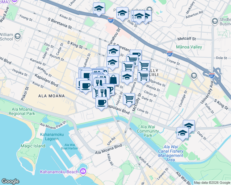 map of restaurants, bars, coffee shops, grocery stores, and more near 1743 Nanea Street in Honolulu