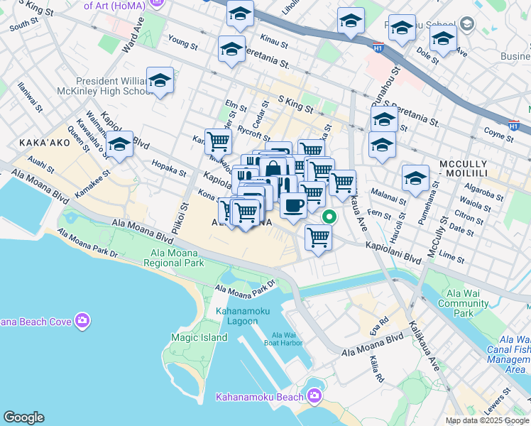 map of restaurants, bars, coffee shops, grocery stores, and more near 1519 Kapiolani Boulevard in Honolulu