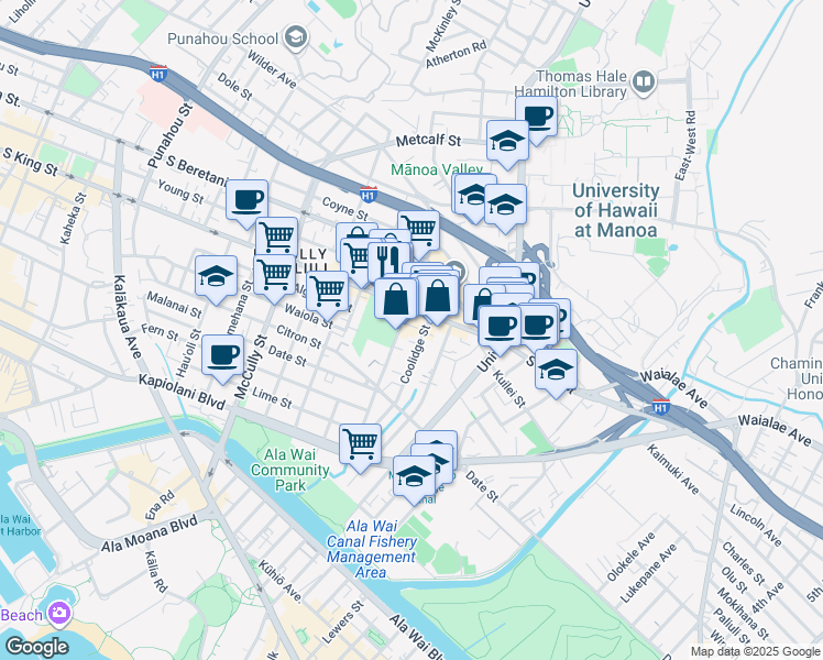 map of restaurants, bars, coffee shops, grocery stores, and more near 935 Isenberg Street in Honolulu