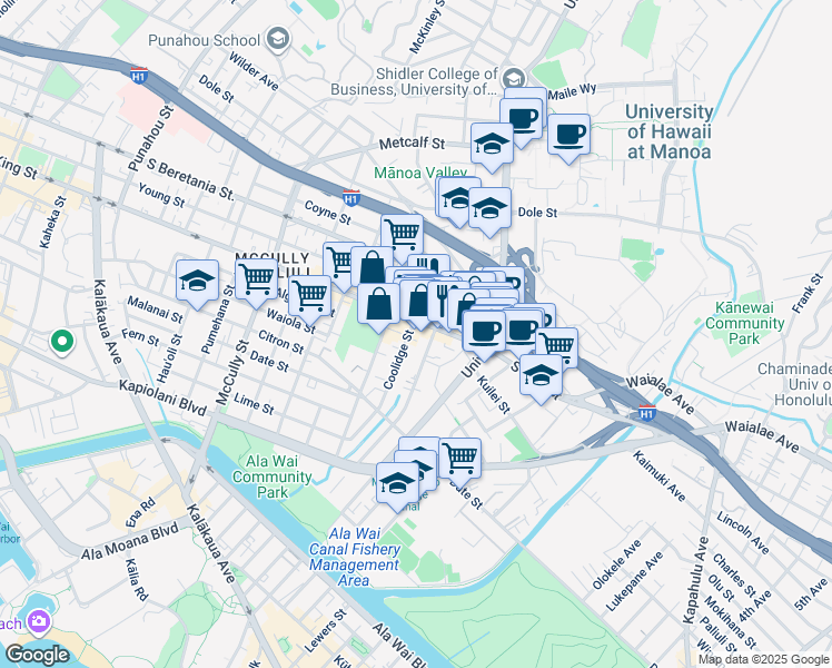 map of restaurants, bars, coffee shops, grocery stores, and more near 2471 South King Street in Honolulu