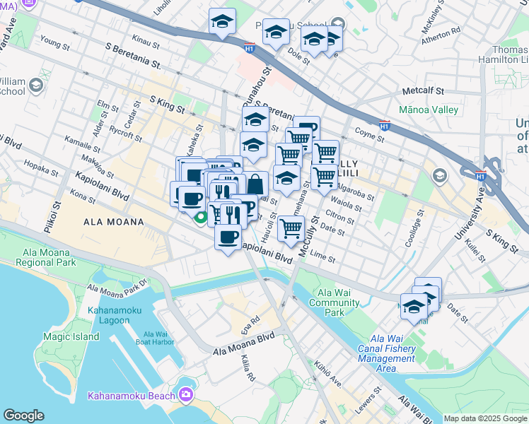 map of restaurants, bars, coffee shops, grocery stores, and more near 1743 Nanea Street in Honolulu