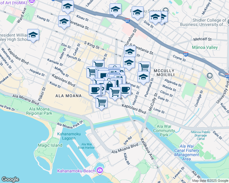 map of restaurants, bars, coffee shops, grocery stores, and more near 1670 Kalauokalani Way in Honolulu