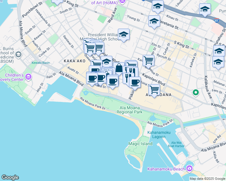 map of restaurants, bars, coffee shops, grocery stores, and more near 1288 Hawaii 92 in Honolulu