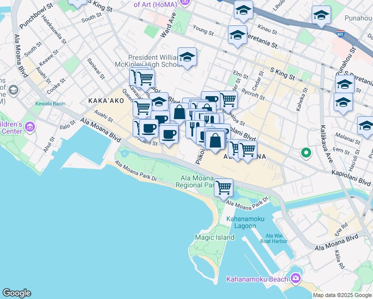 map of restaurants, bars, coffee shops, grocery stores, and more near 88 Piikoi Street in Honolulu