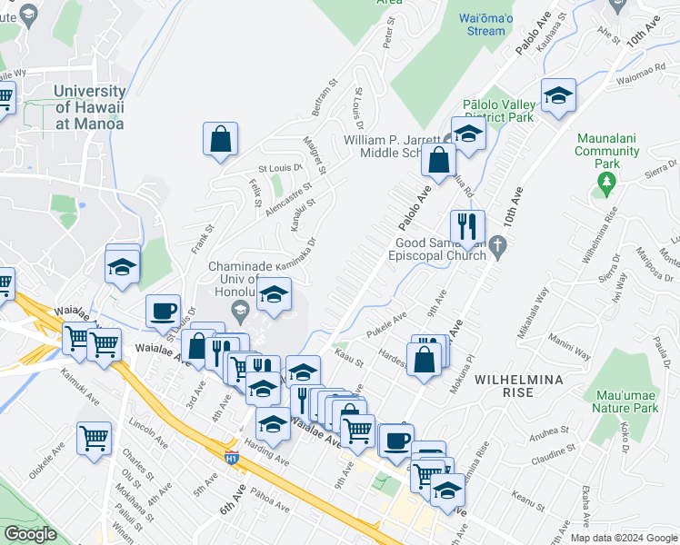 map of restaurants, bars, coffee shops, grocery stores, and more near 3251 Lamaloa Place in Honolulu