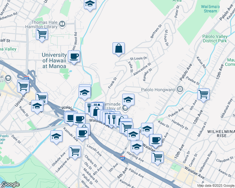 map of restaurants, bars, coffee shops, grocery stores, and more near 1370 Kaminaka Drive in Honolulu