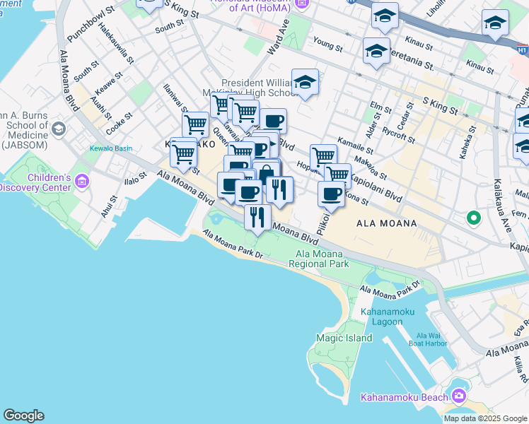 map of restaurants, bars, coffee shops, grocery stores, and more near 1240 Ala Moana Boulevard in Honolulu