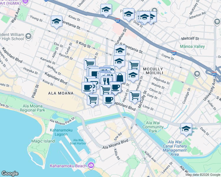 map of restaurants, bars, coffee shops, grocery stores, and more near in Honolulu