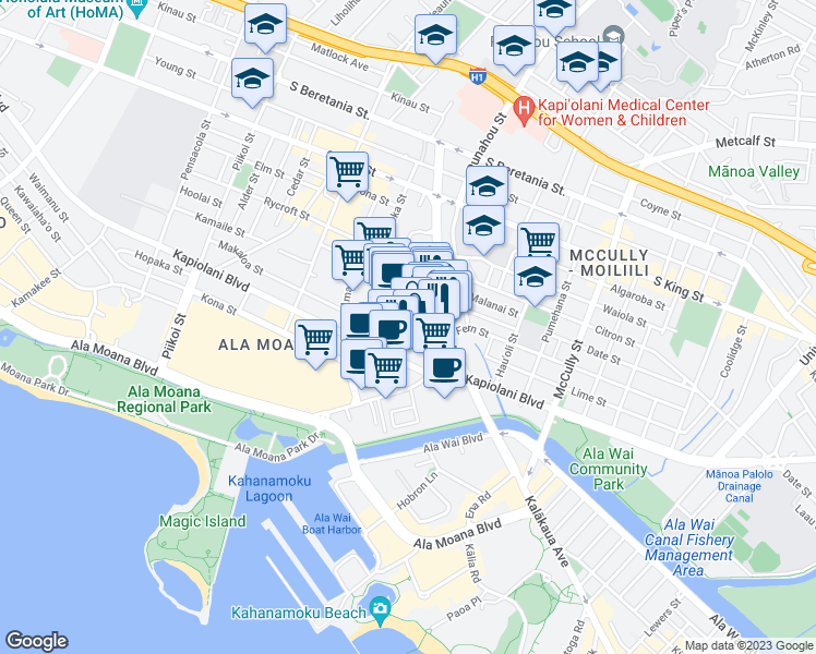 map of restaurants, bars, coffee shops, grocery stores, and more near 1670 Kalauokalani Way in Honolulu