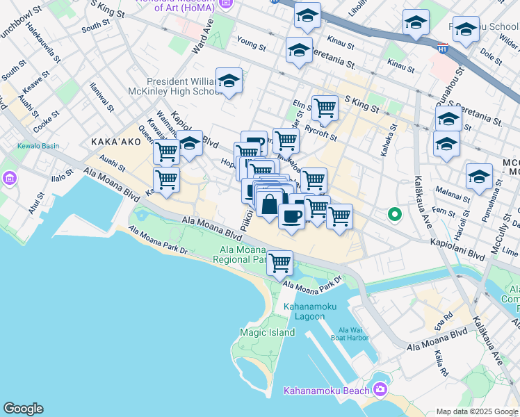 map of restaurants, bars, coffee shops, grocery stores, and more near 395429 Piikoi Street in Honolulu