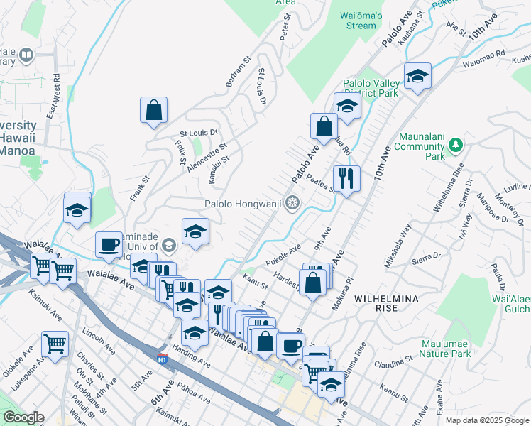 map of restaurants, bars, coffee shops, grocery stores, and more near 1620 Palolo Avenue in Honolulu