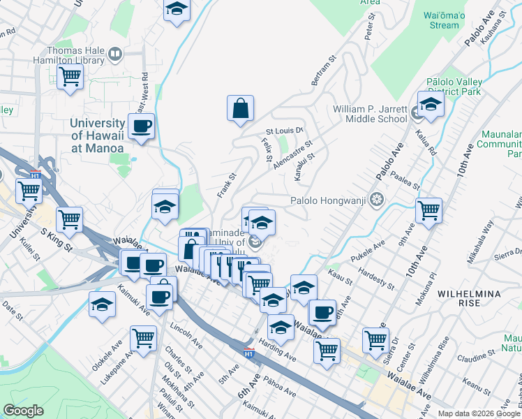 map of restaurants, bars, coffee shops, grocery stores, and more near 1411 Kaminaka Drive in Honolulu