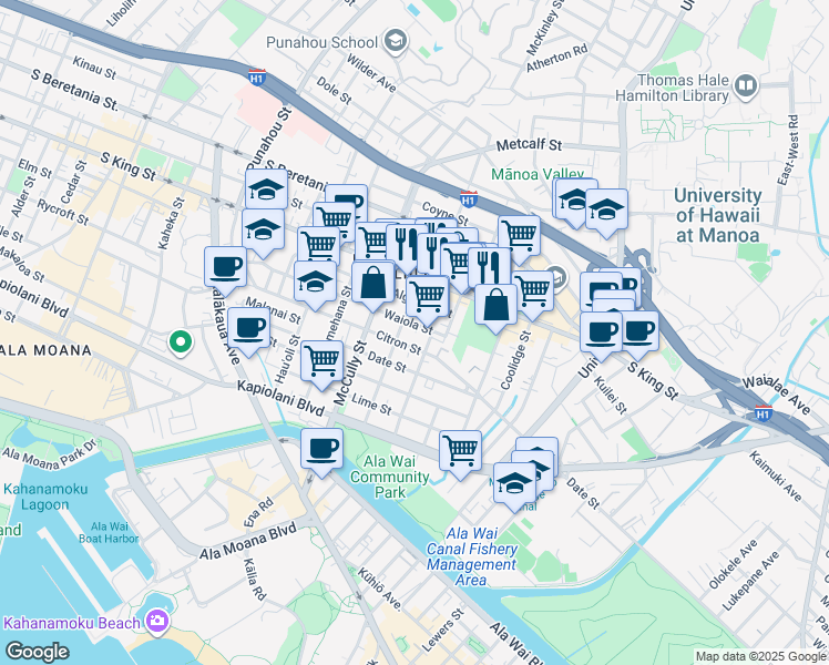 map of restaurants, bars, coffee shops, grocery stores, and more near 2135 Waiola Street in Honolulu