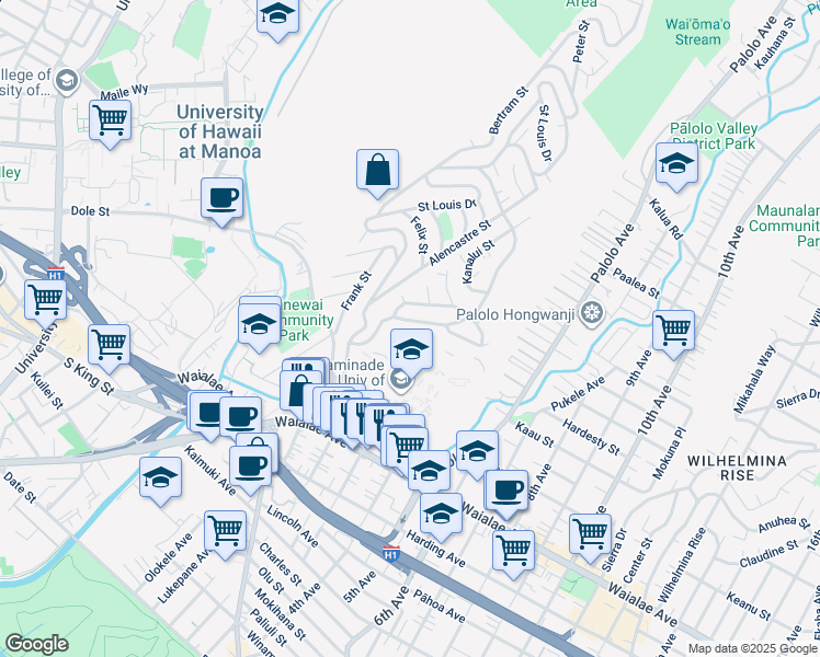 map of restaurants, bars, coffee shops, grocery stores, and more near 1411 Kaminaka Drive in Honolulu