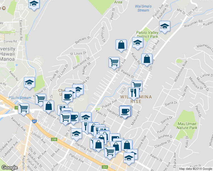 map of restaurants, bars, coffee shops, grocery stores, and more near 1620 Palolo Avenue in Honolulu