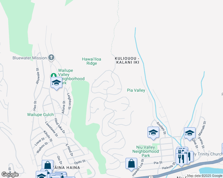 map of restaurants, bars, coffee shops, grocery stores, and more near 825 Puuikena Drive in Honolulu