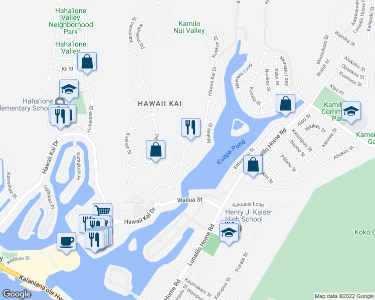 map of restaurants, bars, coffee shops, grocery stores, and more near 7151 Hawaii Kai Drive in Honolulu