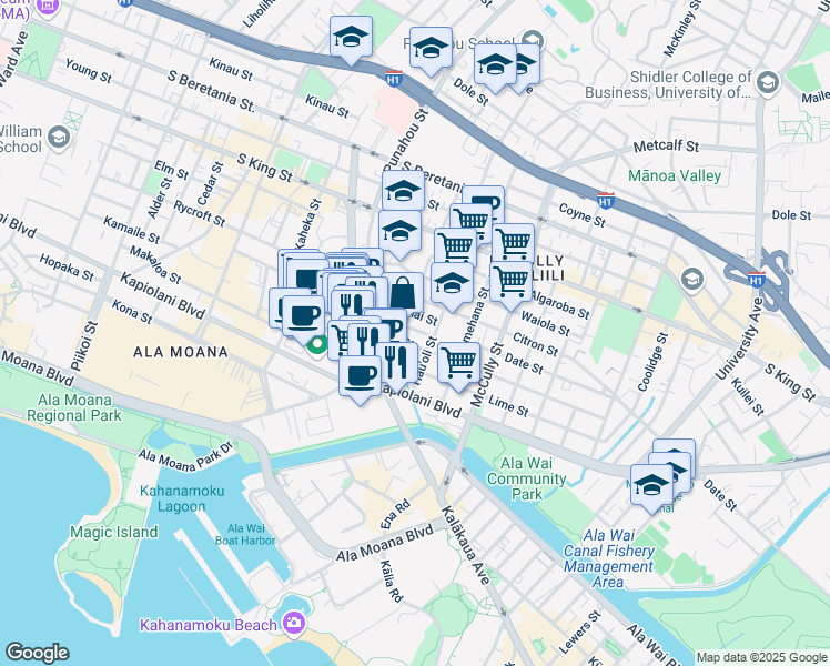 map of restaurants, bars, coffee shops, grocery stores, and more near 1743 Nanea Street in Honolulu