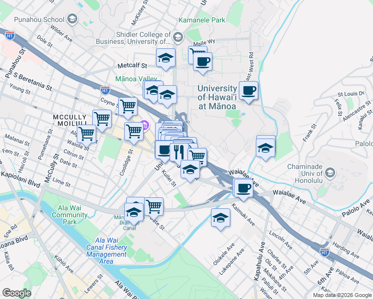 map of restaurants, bars, coffee shops, grocery stores, and more near 1054 Kalo Place in Honolulu