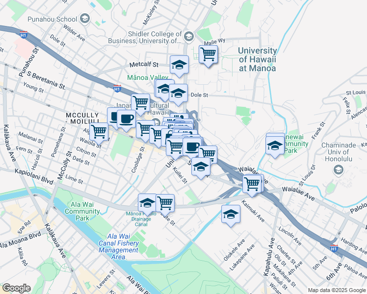 map of restaurants, bars, coffee shops, grocery stores, and more near 1019 University Avenue in Honolulu