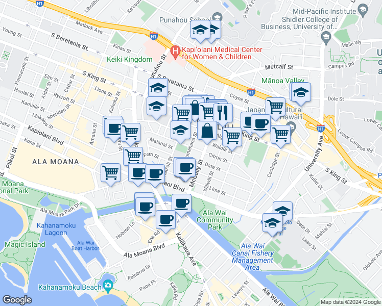 map of restaurants, bars, coffee shops, grocery stores, and more near 811 Pumehana Street in Honolulu