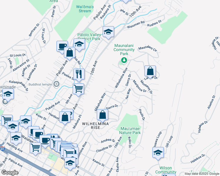 map of restaurants, bars, coffee shops, grocery stores, and more near 3675 Hilo Place in Honolulu