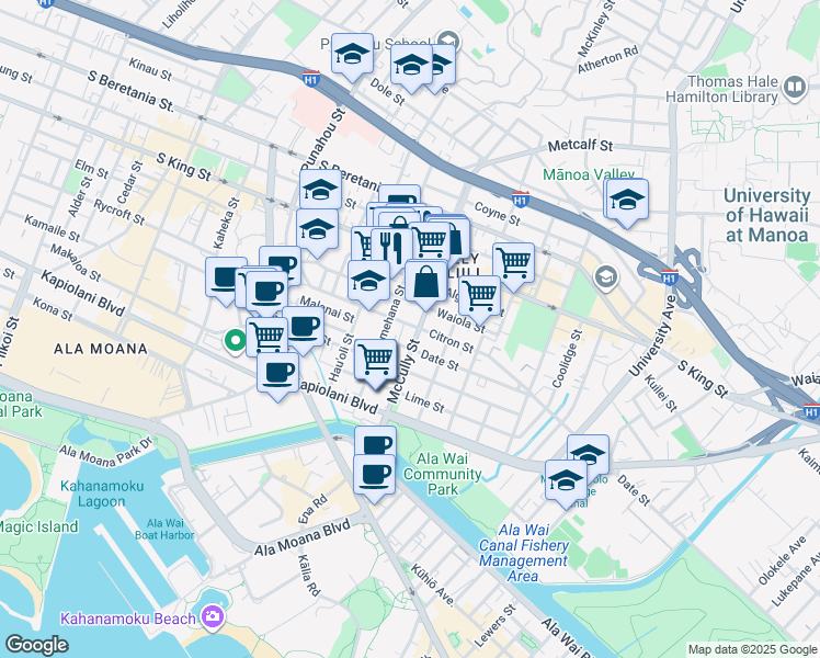 map of restaurants, bars, coffee shops, grocery stores, and more near 1929 Citron Street in Honolulu