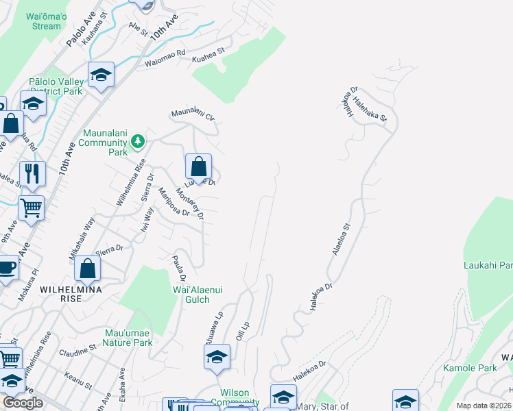 map of restaurants, bars, coffee shops, grocery stores, and more near 5368 Malu Place in Honolulu