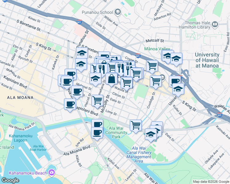 map of restaurants, bars, coffee shops, grocery stores, and more near 2024 Citron Street in Honolulu