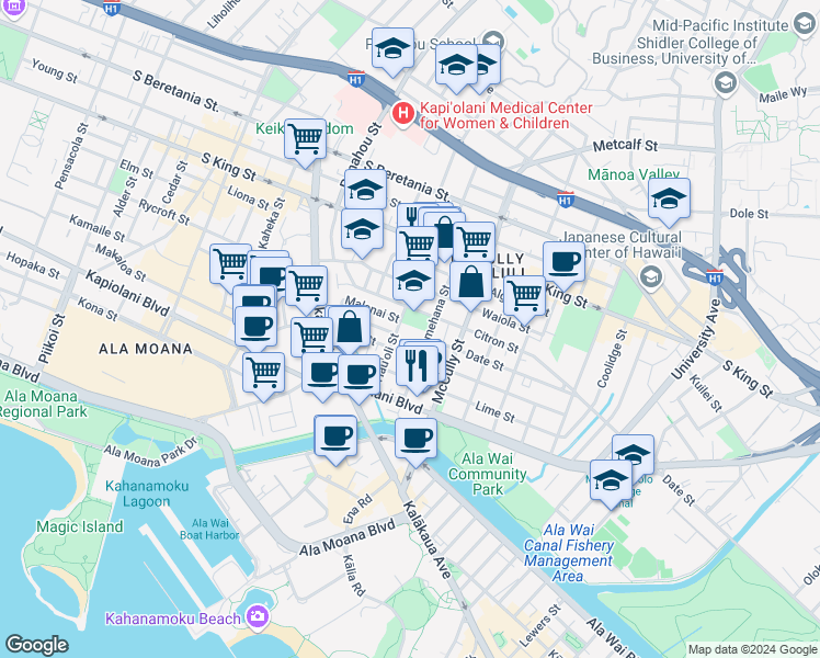 map of restaurants, bars, coffee shops, grocery stores, and more near 810 Pumehana Street in Honolulu