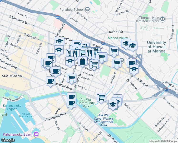 map of restaurants, bars, coffee shops, grocery stores, and more near 837 Wiliwili Street in Honolulu