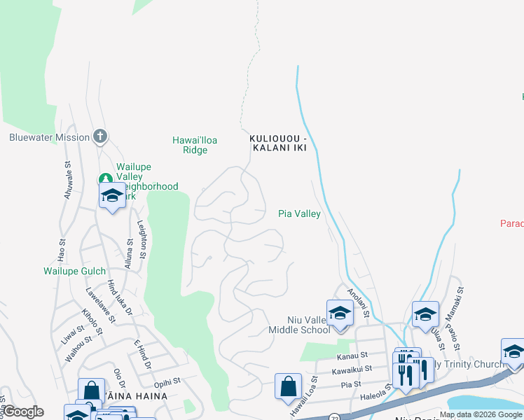 map of restaurants, bars, coffee shops, grocery stores, and more near 894 Ikena Circle in Honolulu