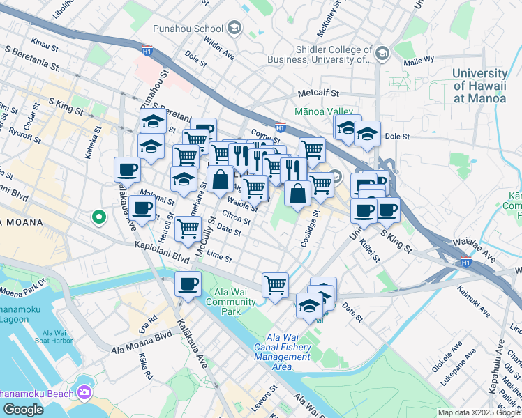 map of restaurants, bars, coffee shops, grocery stores, and more near 2135 Waiola Street in Honolulu